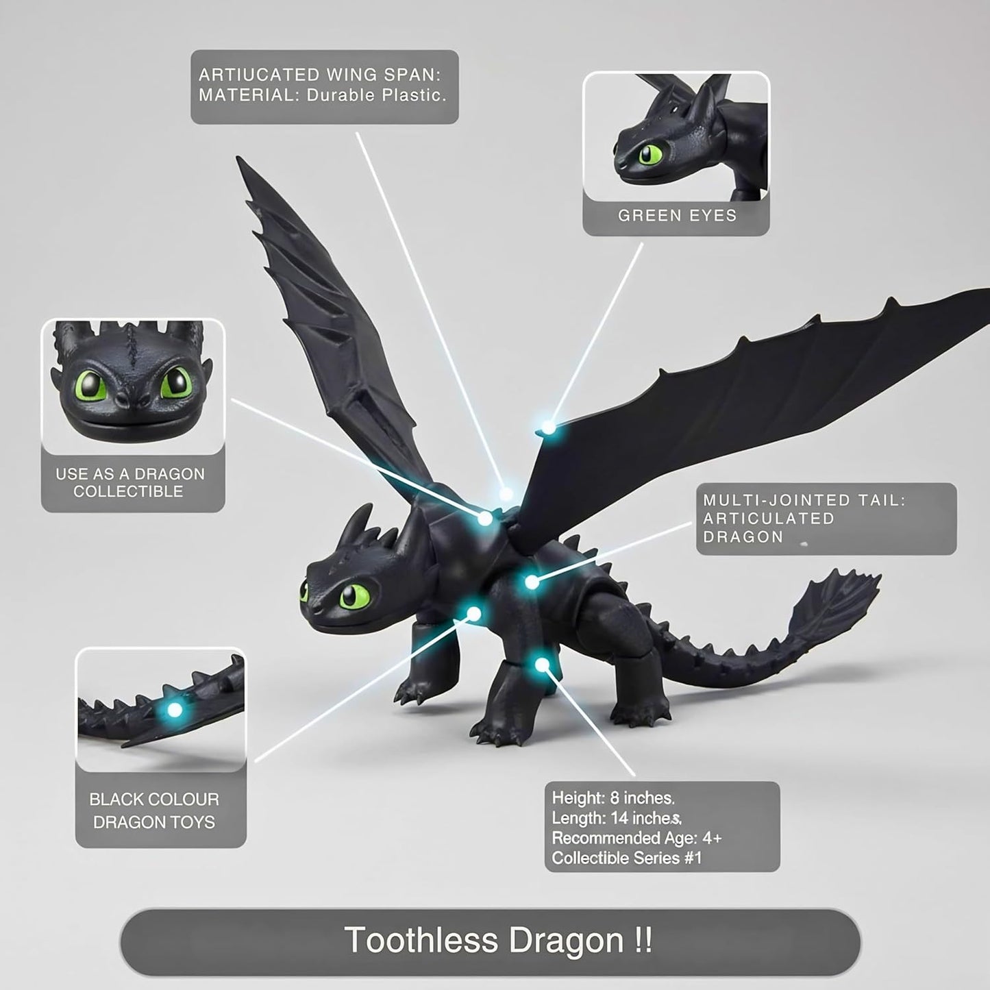 Dragon Toys for Kids, Collectible Toys, Mini Dragon Toy, Dragon Action Figure, mini Figures, Comaptible with How to Train Your Dragon Toys, Toothless Dragon, Night Fury (Black)